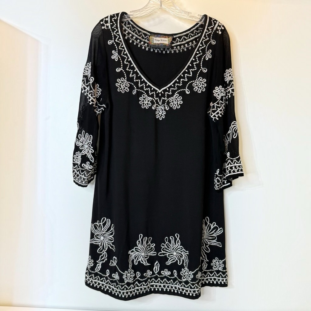 Vintage Collection Black Floral Beaded Embroidered Womens XL Tunic Blouse